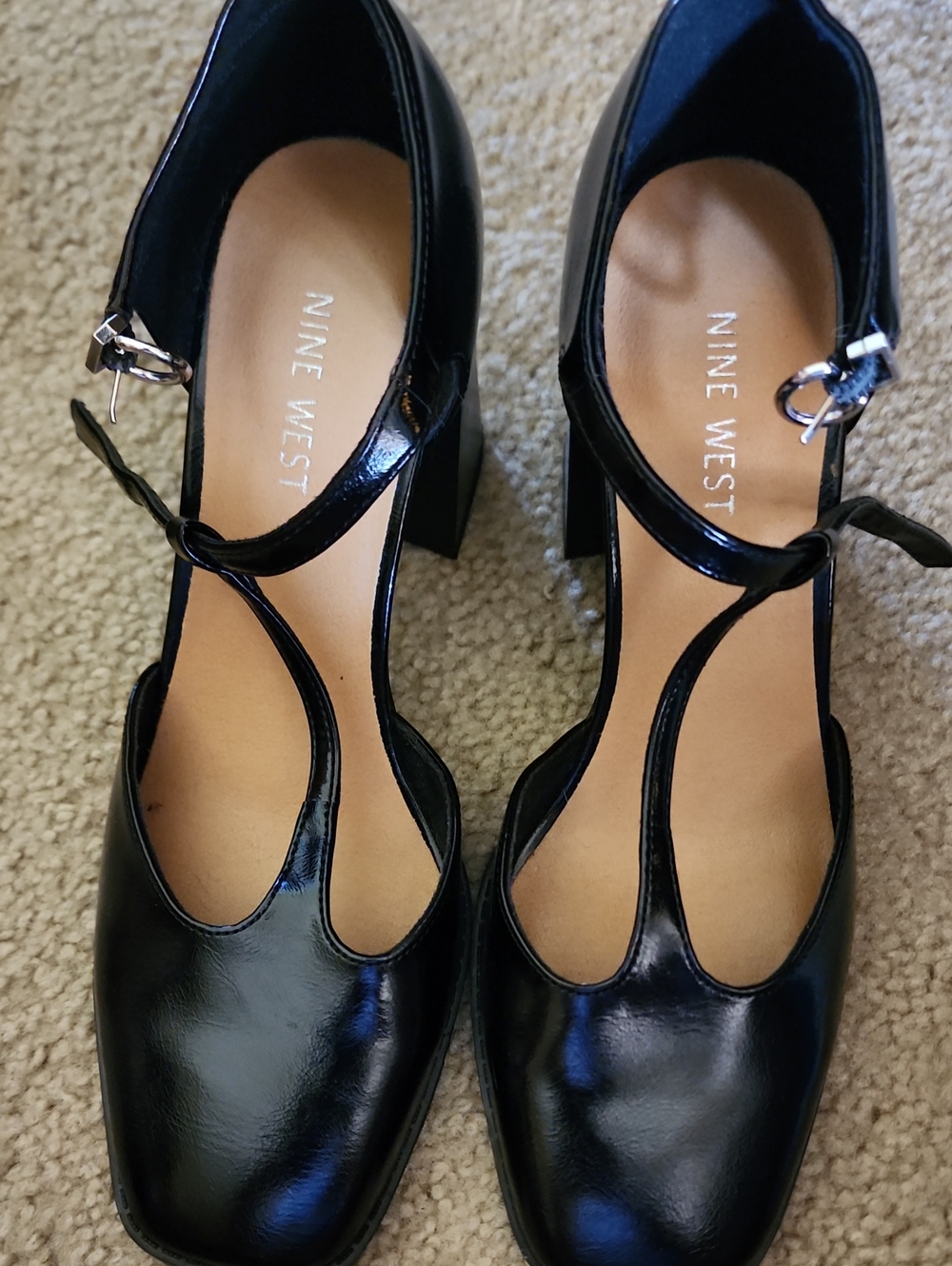 Nine West Black Patent T-Strap Block Heels